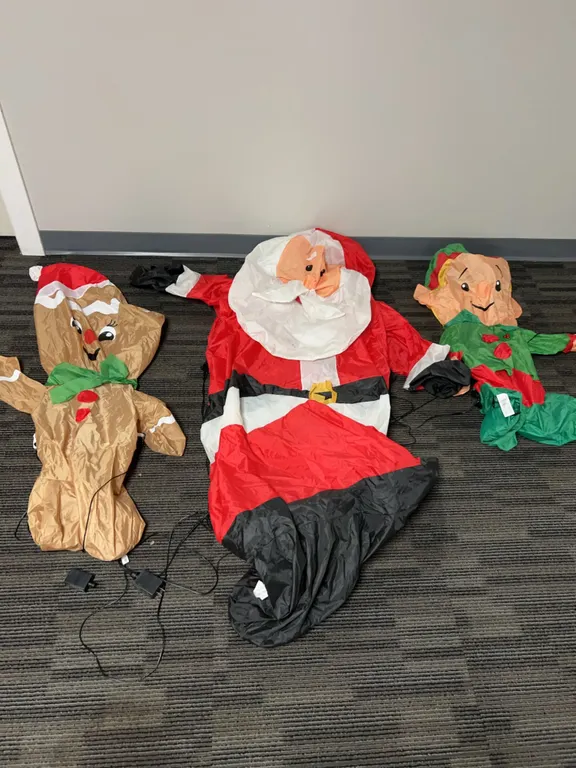3 Inflatable Christmas Yard Decorations: Santa Claus, Gingerbread Figure, Elf With Power Adaptors