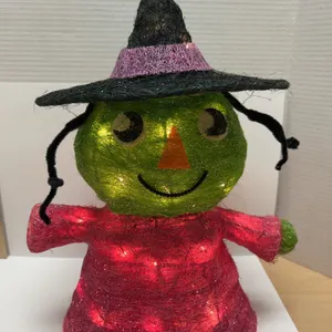 Handmade Light-Up Witch Decoration With Green Face, Black Hat, Pink Dress