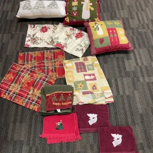 Christmas Holiday Decor Linens and Pillows Set With Themed Towels and Placemats, Lot of 12+ Pieces