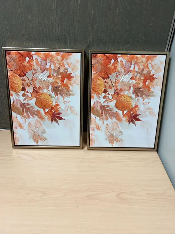 Framed Autumn Leaf Relief Paintings, Mixed Media on Canvas