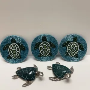 3 Mosaic Sea Turtle Coasters With 2 Decorative Turtle Figurines, Coastal Decor
