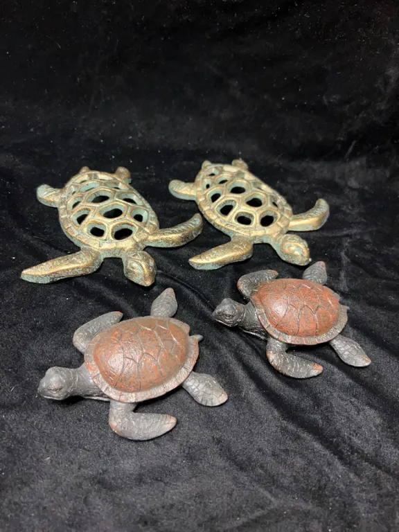 Two Cast Iron Sea Turtle Decorative Figurines, Two Patina and Two Brown Finish