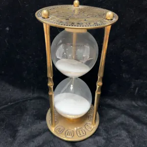 Brass and Glass Hourglass Timer with Pegasus Motif and Zodiacal Symbol Sand-Filled