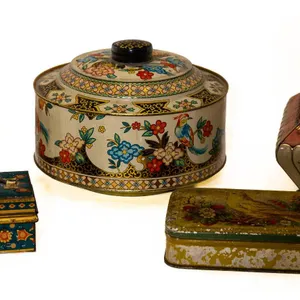 TINS AND VICTORIAN-STYLE CELLULOID VANITY BOX.