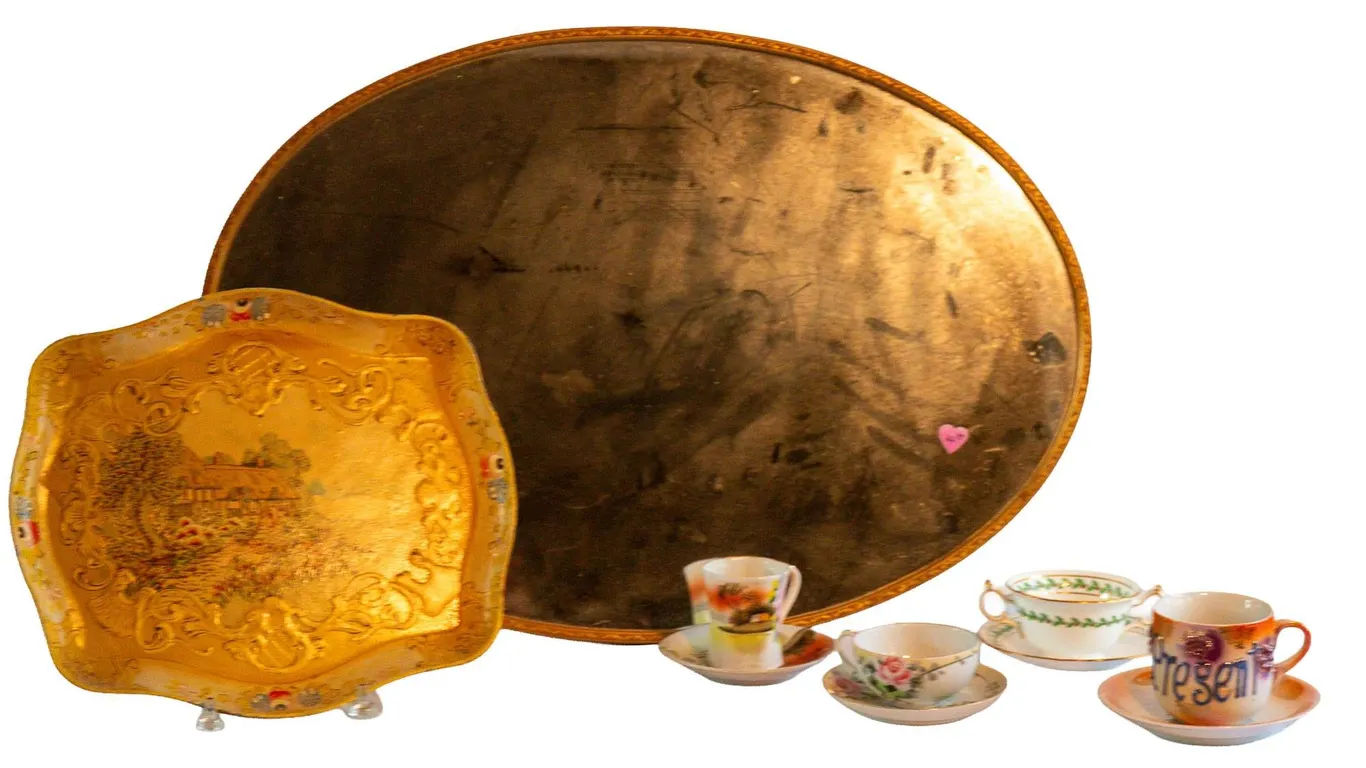 OVAL MIRROR 26" H., 18" W., HAND-PAINTED TRAY AND TEA SETS.