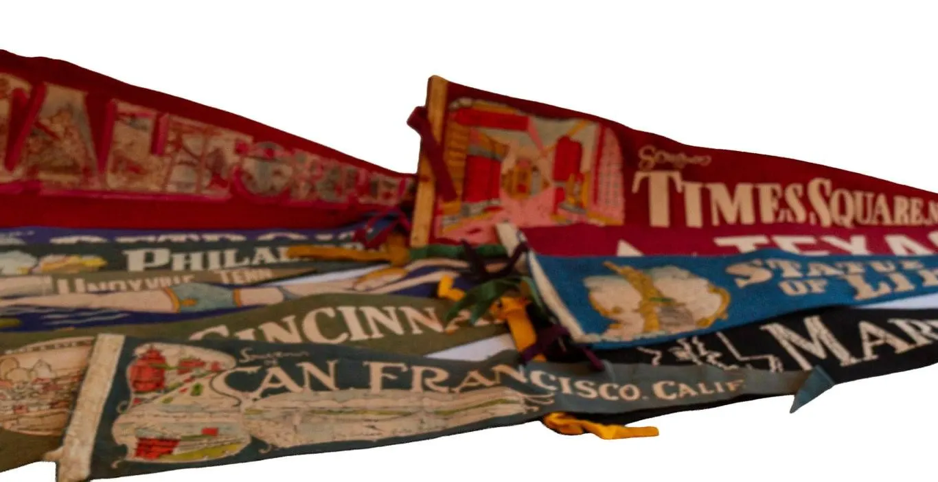 VINTAGE PENNANTS FROM VARIOUS CITIES.