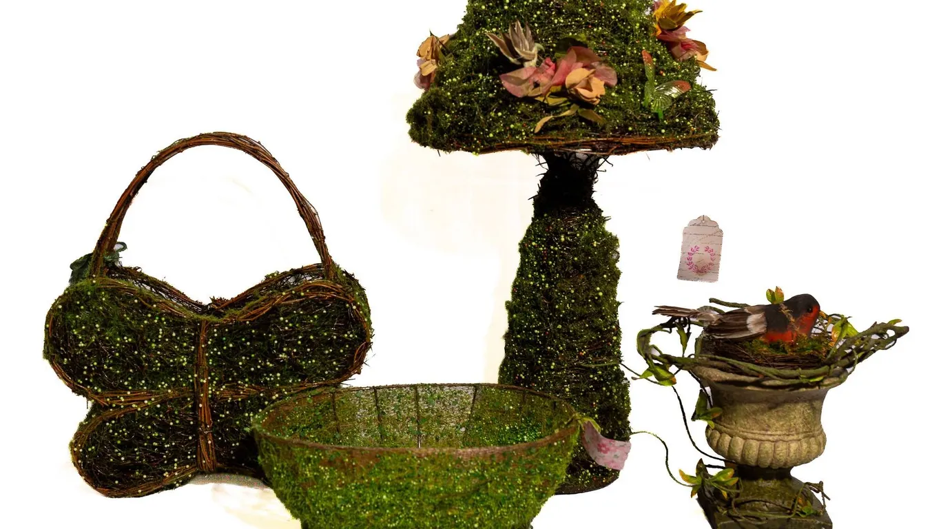 HANDMADE DECOR WITH BUTTERFLY BASKET, MUSHROOM, BASKET, AND URN.