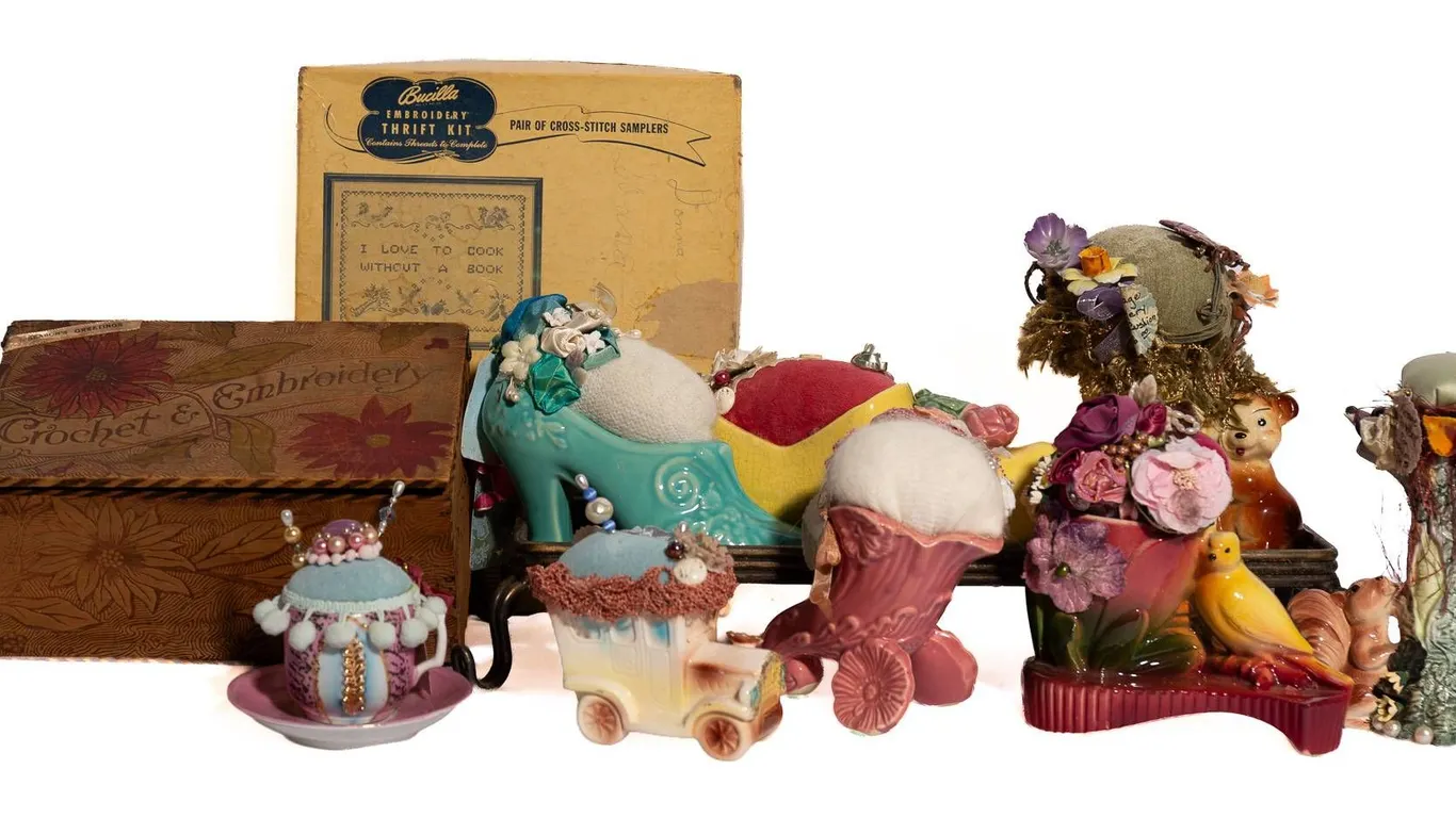 HANDMADE PINCUSHIONS, EMBROIDERY KIT, AND PYROGRAPHY CROCHET & EMBROIDERY BOX.