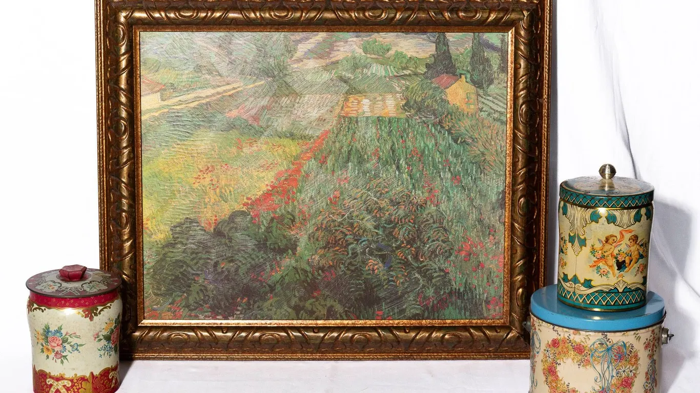 FRAMED FIELD WITH POPPIES PRINT IN GOLD FRAME AND GROUP OF THREE TINS.