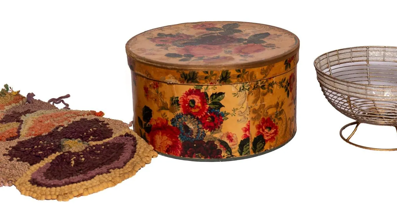 HAT BOX 7" H., 13" W., BEADED BOWL, HOOKED RUGS 14" H., TRINKET TRAY.