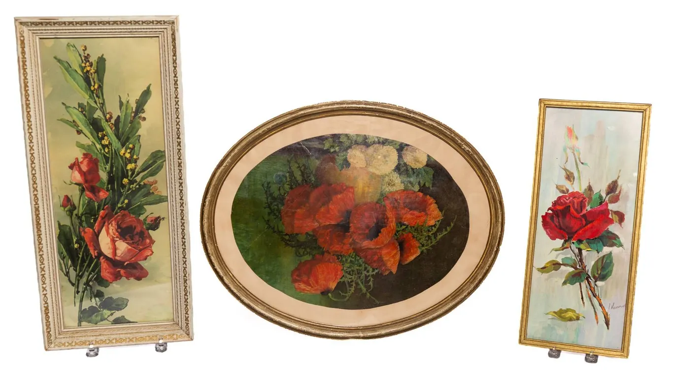 FRAMED OVAL AND RECTANGULAR FLORAL PRINTS.