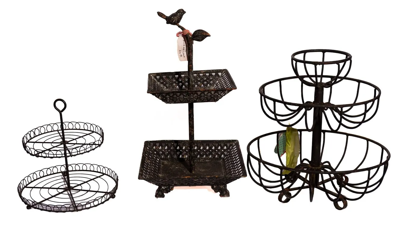 BLACK METAL THREE TIERED BASKET, 18" H., 10" W.
