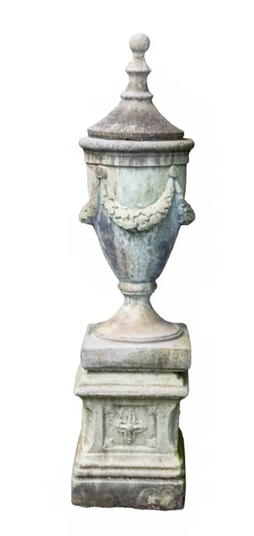 ORNATE GARDEN URN WITH FINIAL LID AND BASE, 50" H.