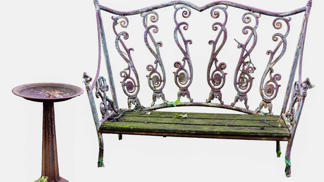 CAST IRON AND WOOD GARDEN BENCH WITH DECORATIVE BIRDBATH.