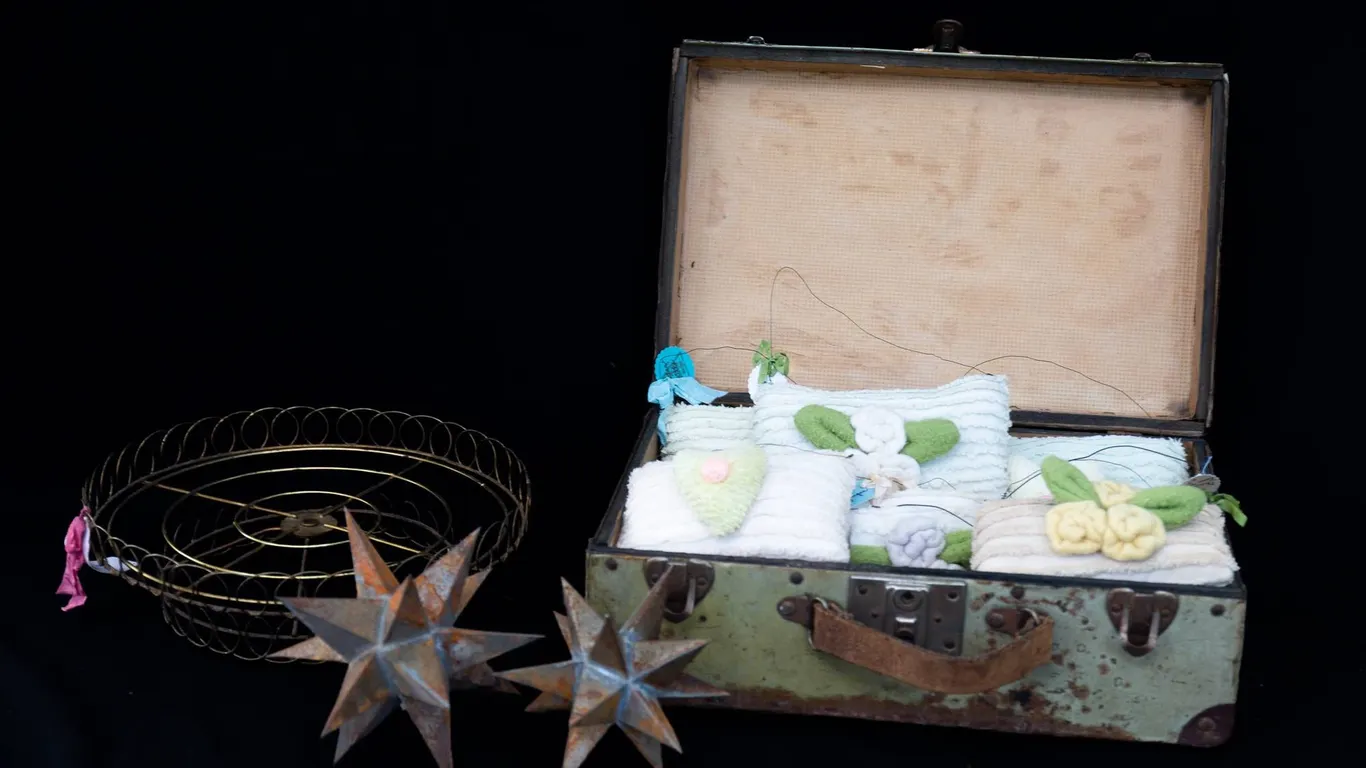 RUSTIC METAL STARS, DECORATIVE PILLOWS, VINTAGE SUITCASE, AND PLANT STAND.