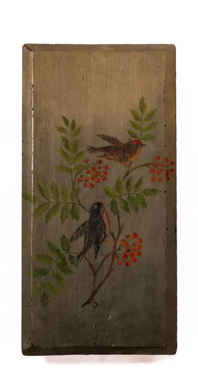 PAINTED BIRDS ON BOARD FOLK ART STYLE 16" W., 8" L.