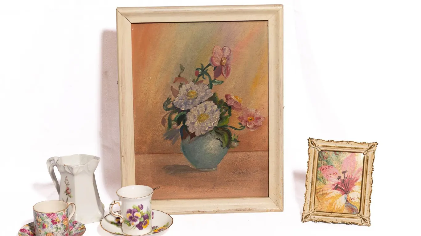 TEA CUPS, PAINTING IN FRAME, AND SMALL FRAME.