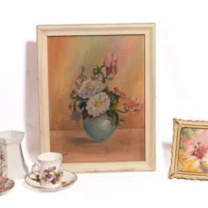 TEA CUPS, PAINTING IN FRAME, AND SMALL FRAME.