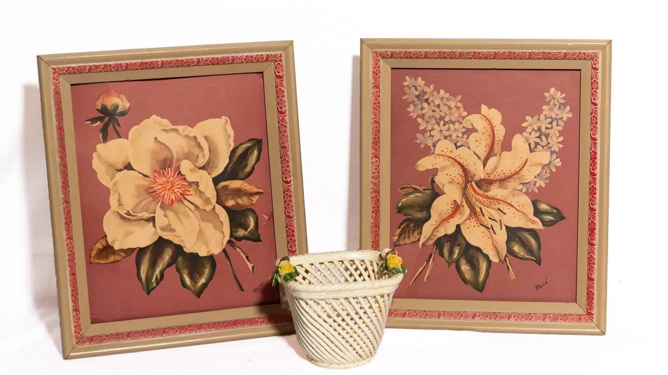 TWO FRAMED PRINTS AND ITALIAN LATTICE PORCELAIN BASKET.