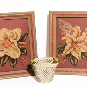 TWO FRAMED PRINTS AND ITALIAN LATTICE PORCELAIN BASKET.