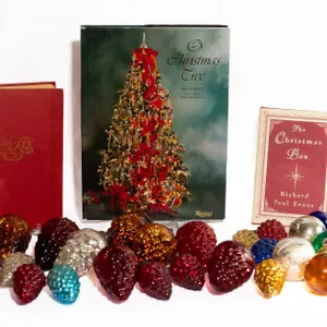 KUGEL ORNAMENTS AND CHRISTMAS BOOKS.