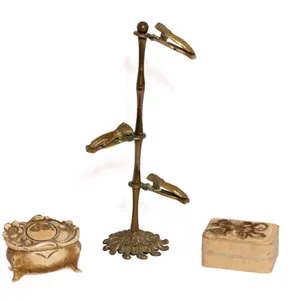 ART NOUVEAU FOOTED JEWELRY CASKET, BRASS HAND CLIP 12" H., LABELLA'S PERFUMES BOX.