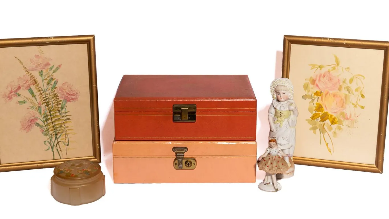 JEWELRY BOXES, FRAMED FLORAL PRINTS, AND TRINKET BOX.