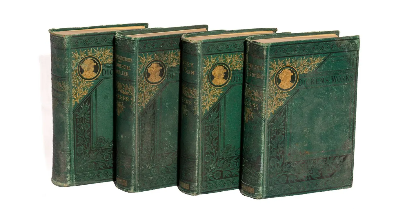 FOUR DICKENS WORKS BOOKS WITH GREEN CLOTH BINDINGS.