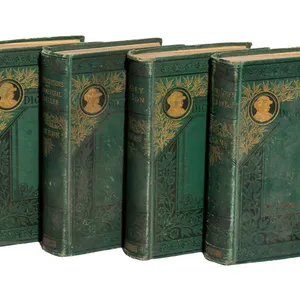 FOUR DICKENS WORKS BOOKS WITH GREEN CLOTH BINDINGS.