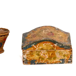 HAND PAINTED WOODEN BOX, OVOID BASKET, AND GLOBE.