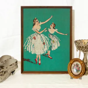 METAL HANGING SHOES, BALLET NEEDLEWORK, EMBROIDERIES, AND ORNATE COMPOTE.