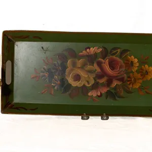 TOLEWARE TRAY WITH FLOWER BOUQUET IN TERRA COTTA POT.