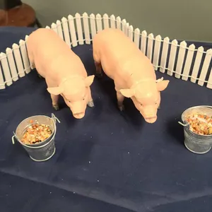 Farm Animal Play Set with Two Plastic Pigs, Feeding Buckets, and White Picket Fence, Made in China,
