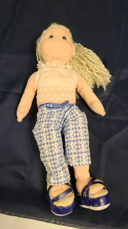 Handmade Cloth Doll with Blue Gingham Pants, Lace Top, Blond Yarn Hair, and Blue Sandals, Missing Ta