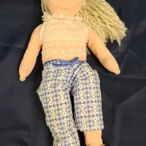 Handmade Cloth Doll with Blue Gingham Pants, Lace Top, Blond Yarn Hair, and Blue Sandals, Missing Ta