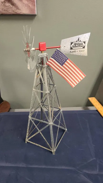 Heritage Farmstead Plano Texas Metal Windmill Model with American Flag and Lattice Tower Structure D