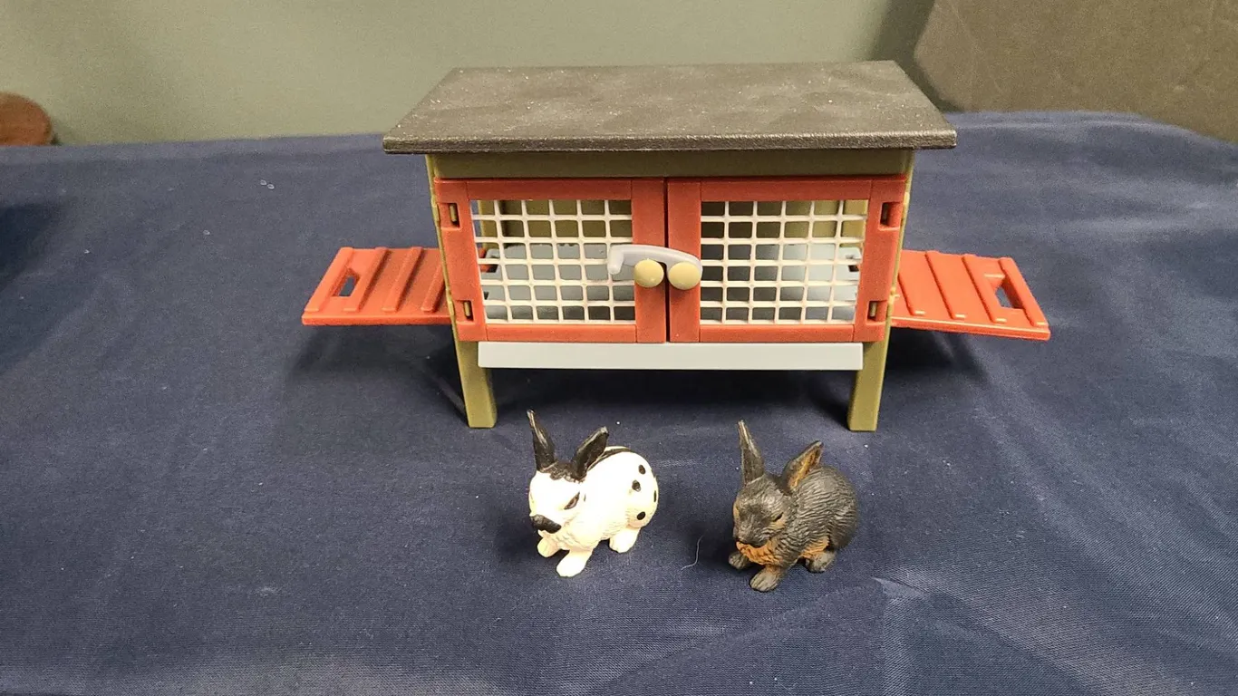 Schleich (2) 1996 Rabbit Figurines with 2008 Schleich Rabbit Hutch Playset, Germany, Made in China,