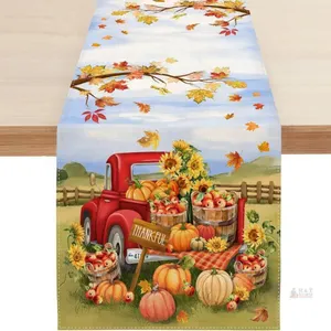 New Fall Pumpkin Table Runner, Farm Apple Truck Autumn Thanksgiving Table Runners for Kitchen Dining Coffee or Indoor and Outdoor Home Parties Decor 1