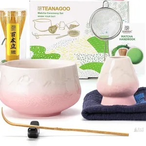 New TEANAGOO Matcha Set Pink, 7 Pcs Matcha Whisk Set, Matcha Kit for Ceremony, Tradition Tea Set for Making Breakfast/Latte, Matcha Whisk Set with Bow