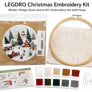 LEGDRO Christmas Embroidery Kit w/ Hoop, Winter Village Holiday Scene
