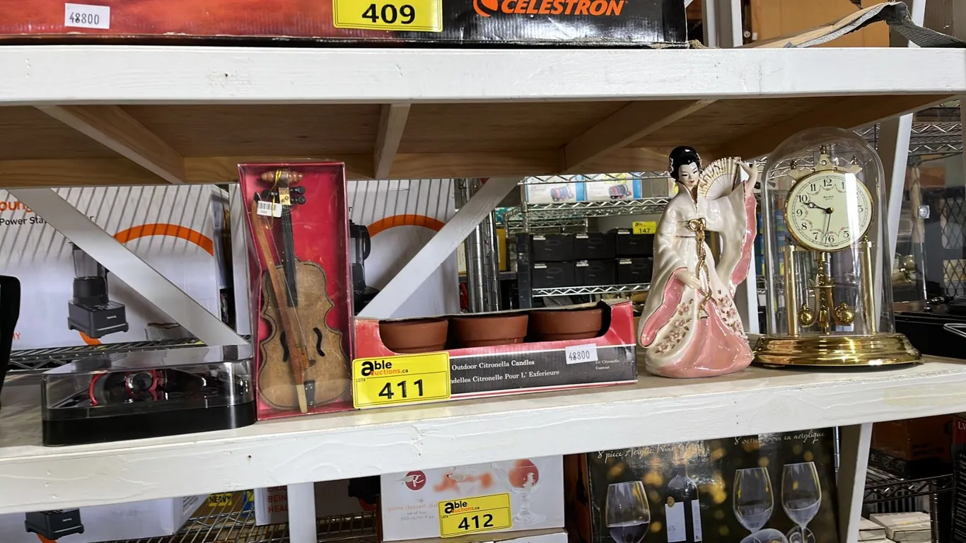 VTG. BULOVA ANNIVERSARY CLOCK, JAPANESE PORCELAIN FIGURINE, OUTDOOR CITRONELLA CANDLES & MORE