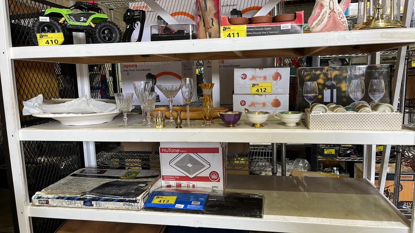 SHELF OF CERAMIC SAKE SET, ACRYLIC WINE GLASSES, DESSERT DISH SETS, CHINA TEA CUPS & MROE