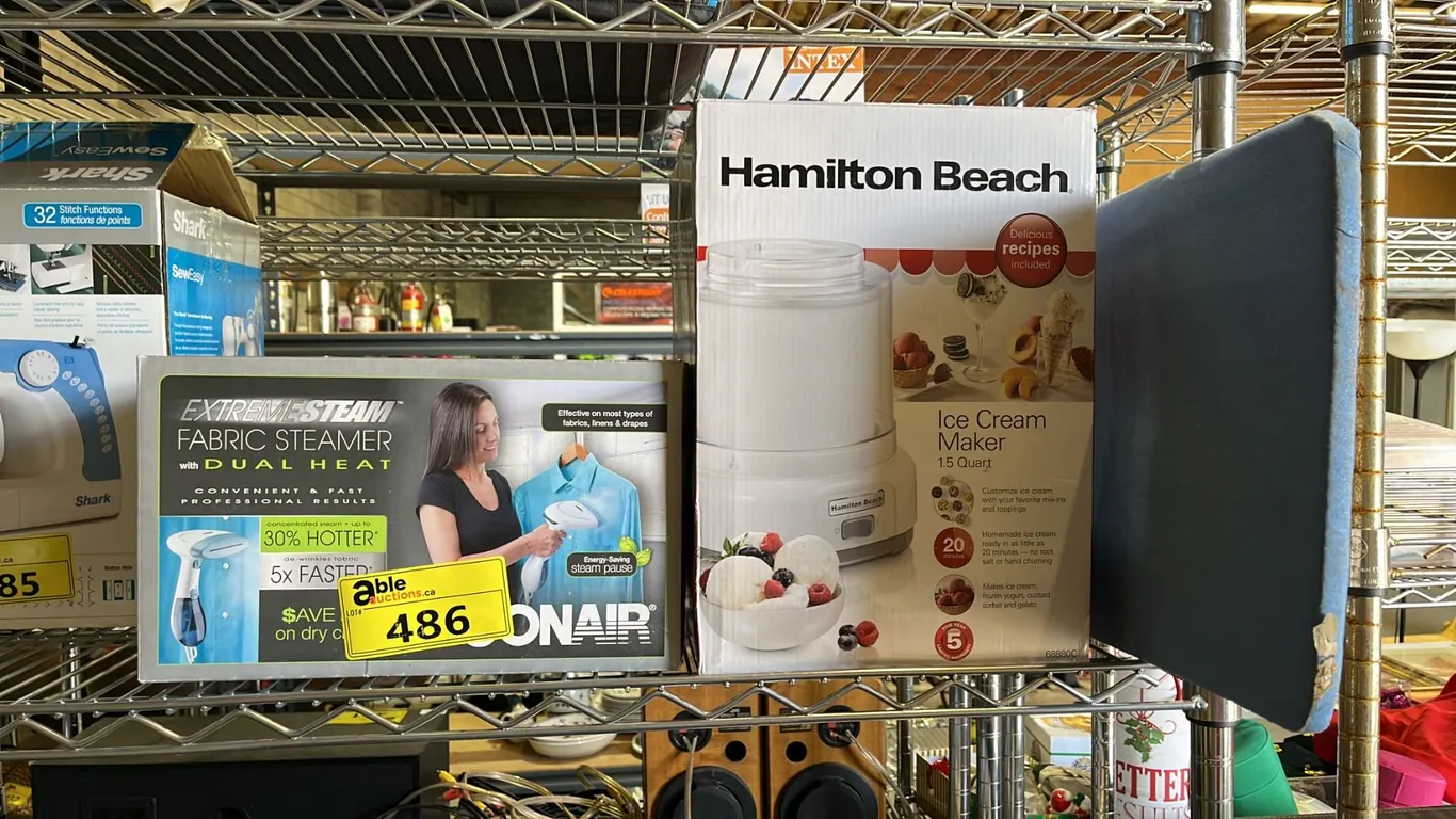 CONAIR FABRIC STEAMER, HAMILTON BEACH ICE CREAM MAKER & IRONING BOARD TOP (NO LEGS)