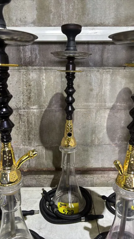 MODERN HOOKAH WITH BROWN & GOLDEN ACCENT METAL STEM AND CLEAR GLASS BASE