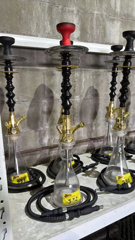MODERN HOOKAH WITH BROWN & GOLDEN ACCENT METAL STEM AND CLEAR GLASS BASE