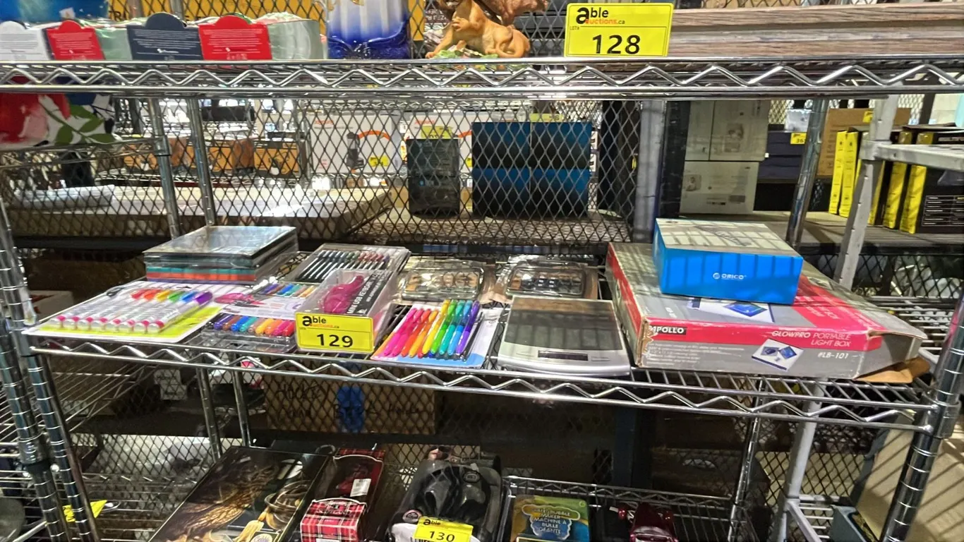SHELF OF ASSORTED FELT MARKERS, COLOURING BOOK SET W/PENCIL CRAYONS, CALCULATORS, LIGHT BOX & MORE