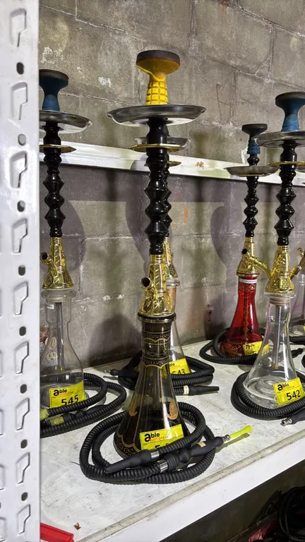 MODERN HOOKAH WITH BROWN & GOLDEN ACCENT METAL STEM AND CLEAR GLASS BASE