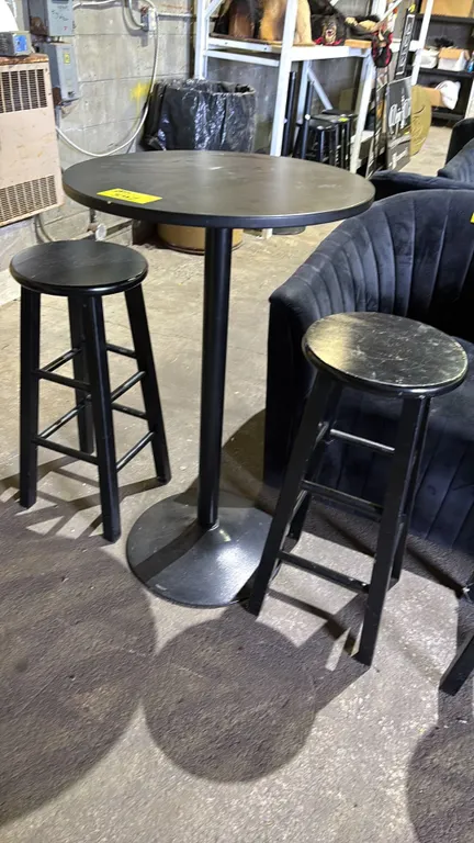 BAR HEIGHT WOODEN ROUND TABLE WITH METAL BASE AND 2 STOOLS