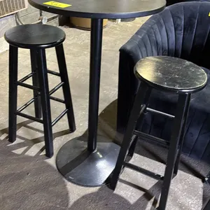 BAR HEIGHT WOODEN ROUND TABLE WITH METAL BASE AND 2 STOOLS