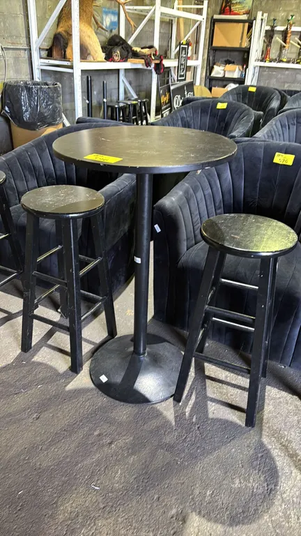 BAR HEIGHT WOODEN ROUND TABLE WITH METAL BASE AND 2 STOOLS